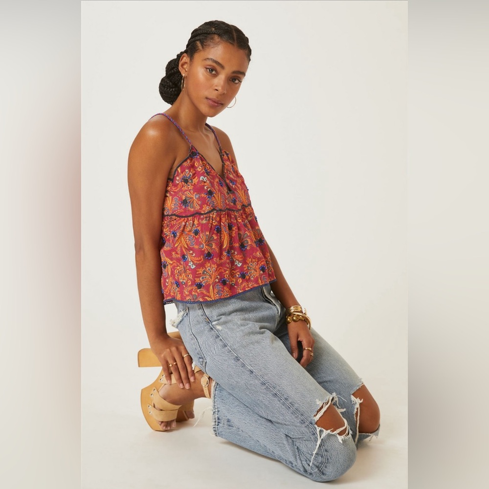 Anthropologie XXS Bare Baby Doll Red Top Tank with Embellishment Red Blue